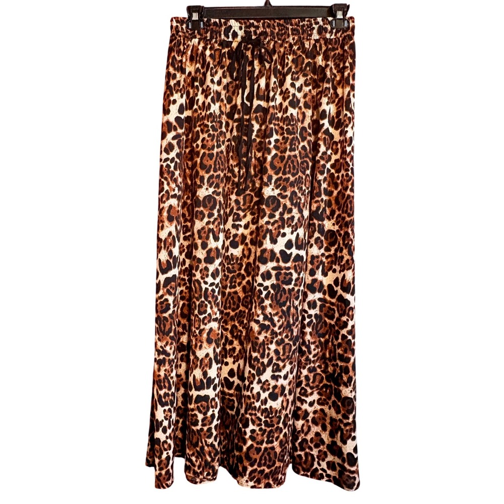 Leopard Print Edgy Maxi Boho Women XL Brown Good Drawstring Flowy Skirt